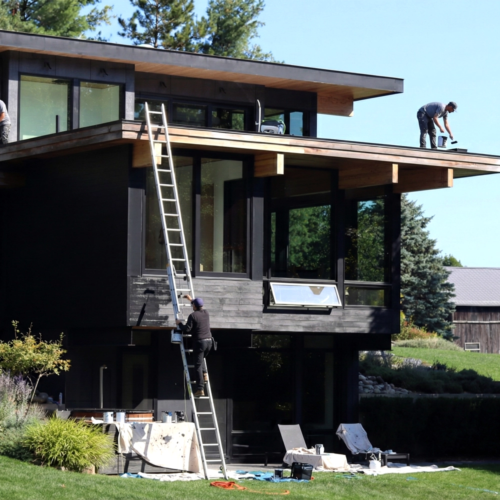 SH Painters team painting the exterior siding and trim of a large custom modern home in the GTA